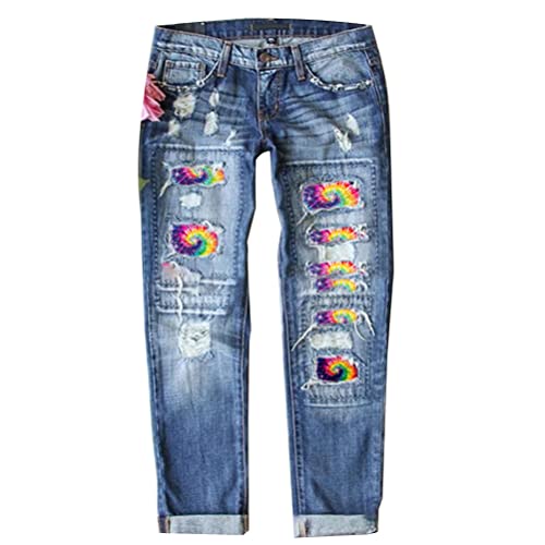 Onsoyours Jeans Damen Casual Hohe Taille Sonnenblume Drucken Jeanshose Lang Boyfriend Jeans Blau Hose Straight Patchwork Jeans B Blau M von Onsoyours