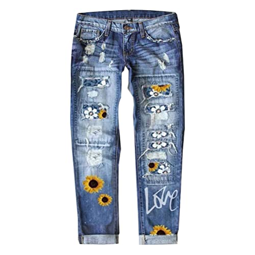 Onsoyours Jeans Damen Casual Hohe Taille Sonnenblume Drucken Jeanshose Lang Boyfriend Jeans Blau Hose Straight Patchwork Jeans C Blau 3XLA von Onsoyours