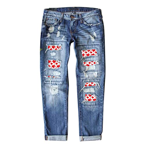 Onsoyours Jeans Damen Casual Hohe Taille Sonnenblume Drucken Jeanshose Lang Boyfriend Jeans Blau Hose Straight Patchwork Jeans D Blau02 XL von Onsoyours
