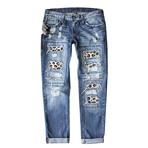 Onsoyours Jeans Damen Casual Hohe Taille Sonnenblume Drucken Jeanshose Lang Boyfriend Jeans Blau Hose Straight Patchwork Jeans D Blau03 MA von Onsoyours