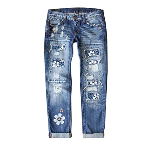 Onsoyours Jeans Damen Casual Hohe Taille Sonnenblume Drucken Jeanshose Lang Boyfriend Jeans Blau Hose Straight Patchwork Jeans E Blau01 M von Onsoyours