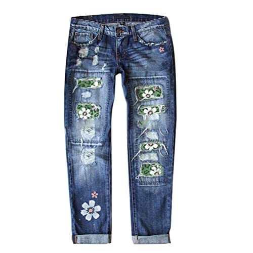 Onsoyours Jeans Damen Casual Hohe Taille Sonnenblume Drucken Jeanshose Lang Boyfriend Jeans Blau Hose Straight Patchwork Jeans E Blau02 XL von Onsoyours