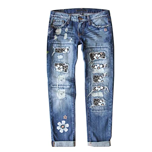 Onsoyours Jeans Damen Casual Hohe Taille Sonnenblume Drucken Jeanshose Lang Boyfriend Jeans Blau Hose Straight Patchwork Jeans E Blau03 3XL von Onsoyours