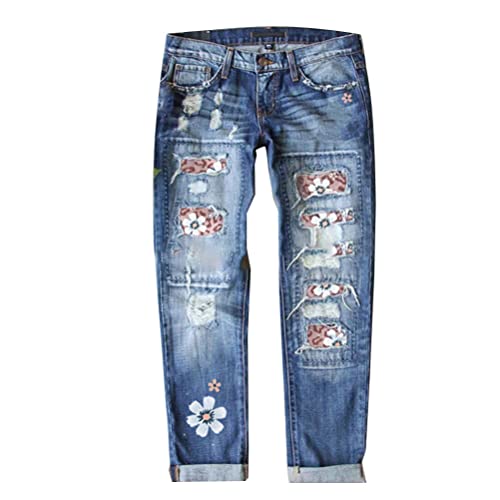 Onsoyours Jeans Damen Casual Hohe Taille Sonnenblume Drucken Jeanshose Lang Boyfriend Jeans Blau Hose Straight Patchwork Jeans E Blau04 XL von Onsoyours