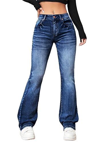 Onsoyours Jeans Damen High Waist Schlaghose Damen Jeans mit Löchern Stretch Skinny Jeans Für Damen Boyfriend-Jeans Röhrenjeans mit Taschen Flare Jeans A Dunkelblau XL von Onsoyours