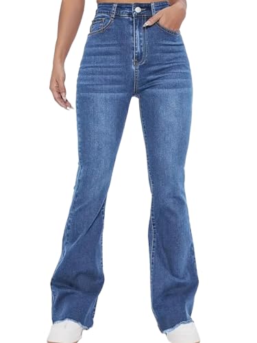 Onsoyours Jeans Damen High Waist Schlaghose Y2K Skinny Bootcut Denim Hosen B02 Blau L von Onsoyours