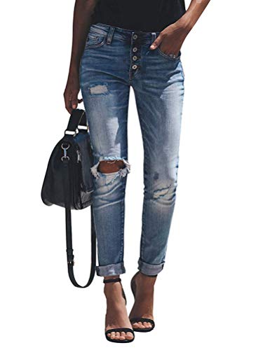 Onsoyours Jeans Damen Jeanshosen Röhrenjeans Skinny Slim Fit Stretch Boyfriend Zerrissene Destroyed Straight Denim Hose mit Löchern A Blau X-Large von Onsoyours