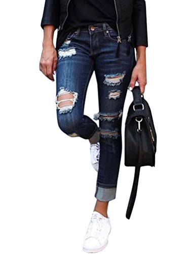 Onsoyours Jeans Damen Jeanshosen Röhrenjeans Skinny Slim Fit Stretch Boyfriend Zerrissene Destroyed Straight Denim Hose mit Löchern C Blau Medium von Onsoyours