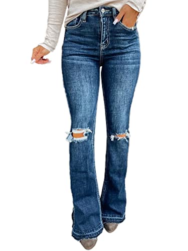 Onsoyours Jeans Damen Weites Bein Lange Hose Schlaghose Flared Bootcut Stretch Skinny Jeans Slim Fit Retro High Waist Schlagjeans Denim Hose 06 Blau S von Onsoyours