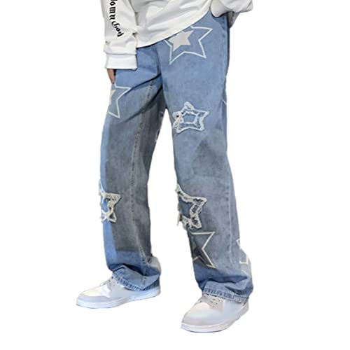 Onsoyours Jeans Herren Jeanshosen Gebatikt Casual Loose Fit Cut Stretch Hose Denim Baggy Hip Hop Jeans Hose Mit Weitem Bein Straight Leg Vintage Jeanshosen H Blau S von Onsoyours