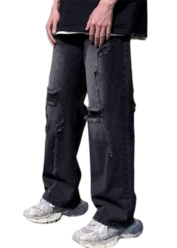 Onsoyours Jeans Hip Hop Herren Baggy Straight Leg Gewaschen Patchwork Ripped Jeanshose Casual Denim Hosen Men Vintage Bedruckte Pants Teenager Jungen Skateboard Hose Streetwear 06 Schwarz XS von Onsoyours