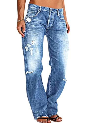 Onsoyours Damen Jeanshose gerader Schnitt Straight-Fit Jeans Stretch Low Waist Jeans Rissen Ripped Lang Denim Hose A Blau L von Onsoyours