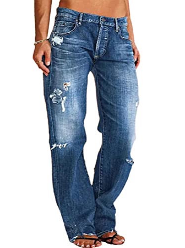 Onsoyours Jeans Hose Damen Jeanshose gerader Schnitt Straight-Fit Jeans Stretch Low Waist Jeans Rissen Ripped Lang Denim Hose A Dunkelblau L von Onsoyours