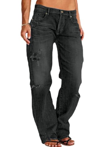 Onsoyours Jeans Hose Damen Jeanshose gerader Schnitt Straight-Fit Jeans Stretch Low Waist Jeans Rissen Ripped Lang Denim Hose A Grau XXL von Onsoyours