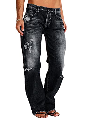 Onsoyours Jeans Hose Damen Jeanshose gerader Schnitt Straight-Fit Jeans Stretch Low Waist Jeans Rissen Ripped Lang Denim Hose A Schwarz S von Onsoyours