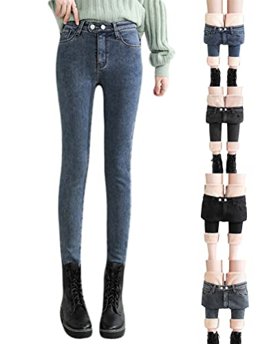 Onsoyours Jeans Leggings Thermo Gefüttert Strumpfhosen Herbst Retro Stretch Winter Hosen Thermal Pants Dicke Sweatpants Fitness Winterleggings B Blau XS von Onsoyours