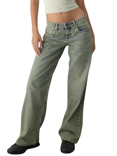 Onsoyours Jeans mit Geradem Bein für Damen Niedrige Taille Weites Bein Baggy-Jeans Lockere Boyfriend-Jeans Denim-Hose Y2K Low Waist Jeanshose Straight Leg Jeans A Dunkelblau 03 S von Onsoyours