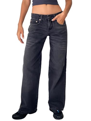 Onsoyours Jeans mit Geradem Bein für Damen Niedrige Taille Weites Bein Baggy-Jeans Lockere Boyfriend-Jeans Denim-Hose Y2K Low Waist Jeanshose Straight Leg Jeans A Dunkelgrau 02 L von Onsoyours