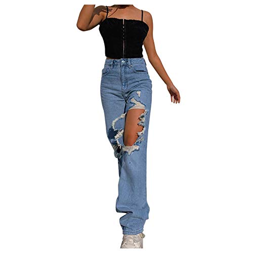 Onsoyours Jeanshosen Damen Baggy Jeans Boyfriend High Waist Loch Denim Jean Hose Mode Weites Bein Freizeithose Retro Pants Hip Hop Streetwear C Blau S von Onsoyours