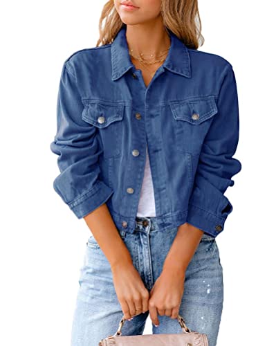 Onsoyours Jeansjacke Damen Kurz Lässig Einfarbig Denim Reverskragen Jacket mit Knöpfen Stretch Jacke Langarm Revers Leichte Jeans Jacket Coat Outwear A Dunkelblau XL von Onsoyours