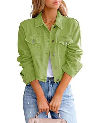 Onsoyours Jeansjacke Damen Kurz Lässig Einfarbig Denim Reverskragen Jacket mit Knöpfen Stretch Jacke Langarm Revers Leichte Jeans Jacket Coat Outwear A Grün XL von Onsoyours
