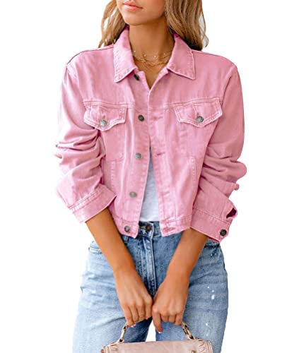 Onsoyours Jeansjacke Damen Kurz Lässig Einfarbig Denim Reverskragen Jacket mit Knöpfen Stretch Jacke Langarm Revers Leichte Jeans Jacket Coat Outwear A Rosa M von Onsoyours