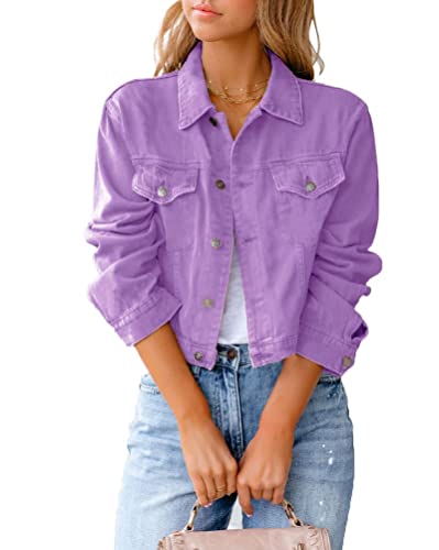 Onsoyours Jeansjacke Damen Kurz Lässig Einfarbig Denim Reverskragen Jacket mit Knöpfen Stretch Jacke Langarm Revers Leichte Jeans Jacket Coat Outwear A Violett M von Onsoyours