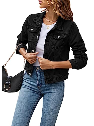 Onsoyours Jeansjacke Damen Kurz Lässig Einfarbig Denim Reverskragen Jacket mit Knöpfen Stretch Jacke Langarm Revers Leichte Jeans Jacket Coat Outwear B Schwarz XL von Onsoyours