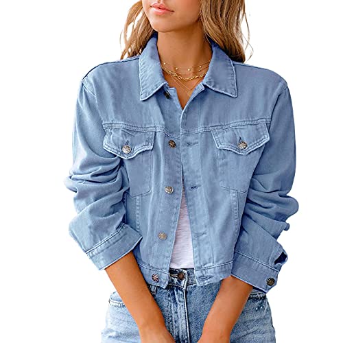 Onsoyours Jeansjacke Damen Kurz Übergangsjacke Denim Jacke Oversize Langarm Boyfriend Mäntel Mit Taschen Blau XXL von Onsoyours