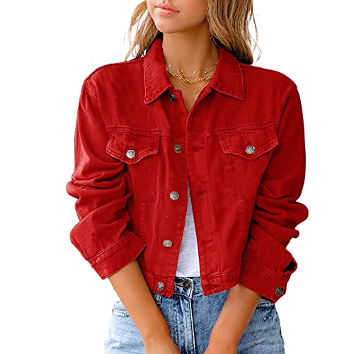 Onsoyours Jeansjacke Damen Kurz Übergangsjacke Denim Jacke Oversize Langarm Boyfriend Mäntel Mit Taschen Rot L von Onsoyours