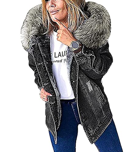 Onsoyours Jeansjacke Damen Mantel Plus Samt Denimjacke Wintermantel Denim Jacket Outwear Parka Winter Mit Künstliches Fellkapuze Denimmantel A Grau L von Onsoyours
