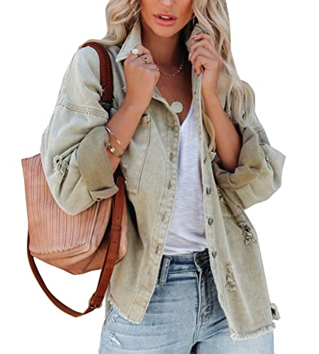 Onsoyours Jeansjacke Denim Damen Übergangsjacke Mit Taschen Jacket Leicht Loose Fit Boyfriend Parka Casual Jacke Langarm Bomberjacke Outwear Mode Coat Streetwear Hellgrün S von Onsoyours