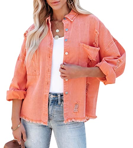 Onsoyours Jeansjacke Denim Damen Übergangsjacke Mit Taschen Jacket Leicht Loose Fit Boyfriend Parka Casual Jacke Langarm Bomberjacke Outwear Mode Coat Streetwear Orange S von Onsoyours