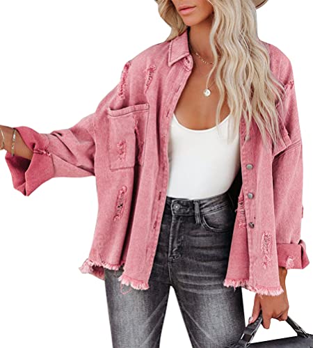 Onsoyours Jeansjacke Denim Damen Übergangsjacke Mit Taschen Jacket Leicht Loose Fit Boyfriend Parka Casual Jacke Langarm Bomberjacke Outwear Mode Coat Streetwear Rosa XL von Onsoyours