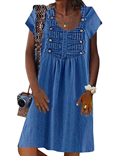 Onsoyours Jeanskleid Sommerkleid Damen Herbst Jeans Kleider V-Ausschnitt Kurzarm Strandkleider Einfarbig A-Linie Kleid Boho Knielang Kleid Denimkleid Z2 Dunkelblau XL von Onsoyours