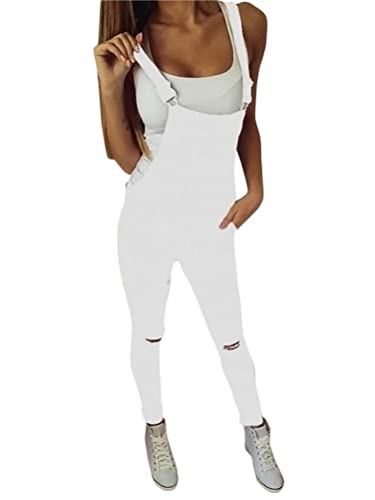 Onsoyours Jeanslatzhose Damen Latzhose Denim Jeans Lange Hose Denim Overall Jumpsuit Playsuit Jeans Vintage Loose Fit Hoseanzug Romper mit Taschen A Weiß XS von Onsoyours