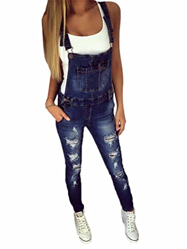 Onsoyours Jeanslatzhose Damen Latzhose Denim Jeans Lange Hose Denim Overall Jumpsuit Playsuit Jeans Vintage Loose Fit Hoseanzug Romper mit Taschen B Dunkelblau XS von Onsoyours