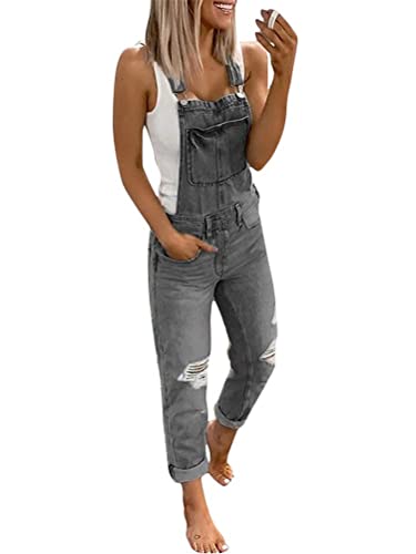 Onsoyours Jeanslatzhose Damen Latzhose Denim Jeans Lange Hose Denim Overall Jumpsuit Playsuit Jeans Vintage Loose Fit Hoseanzug Romper mit Taschen E Grau L von Onsoyours