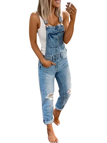 Onsoyours Jeanslatzhose Damen Latzhose Denim Jeans Lange Hose Denim Overall Jumpsuit Playsuit Jeans Vintage Loose Fit Hoseanzug Romper mit Taschen E Hellblau XS von Onsoyours
