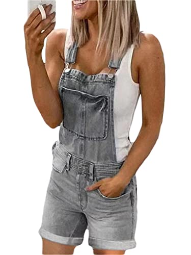 Onsoyours Jeanslatzhose Damen Latzhose Jeans Kurz/Lange Hose Denim Overall Jumpsuit Playsuit Jeans Vintage Loose Fit Hoseanzug Romper mit Taschen A Grau L von Onsoyours