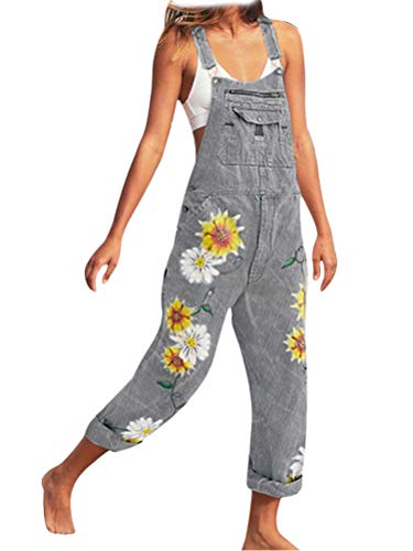 Onsoyours Jeanslatzhose Damen Latzhose Retro Jeanshose Trägerhose Hoseanzug Denim Blumen Overall Gerades Bein Lang Trägerhose Ärmellos Locker mit Taschen A Grau Large von Onsoyours