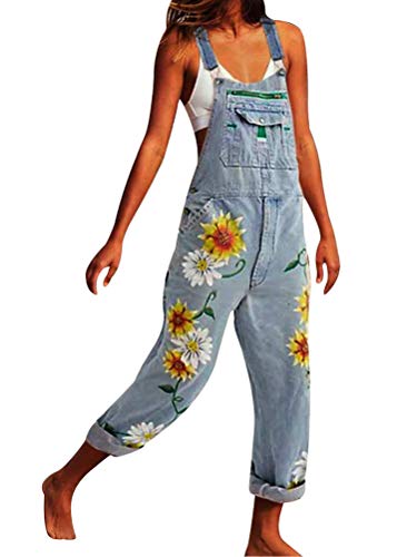 Onsoyours Jeanslatzhose Damen Latzhose Retro Jeanshose Trägerhose Hoseanzug Denim Blumen Overall Gerades Bein Lang Trägerhose Ärmellos Locker mit Taschen A Hellblau 2X-Large von Onsoyours