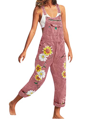 Onsoyours Jeanslatzhose Damen Latzhose Retro Jeanshose Trägerhose Hoseanzug Denim Blumen Overall Gerades Bein Lang Trägerhose Ärmellos Locker mit Taschen A Rosa Medium von Onsoyours