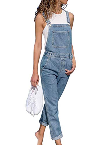 Onsoyours Jeanslatzhose Damen Latzhose Retro Jeanshose Trägerhose Hoseanzug Denim Blumen Overall Gerades Bein Lang Trägerhose Ärmellos Locker mit Taschen B Hellblau Medium von Onsoyours