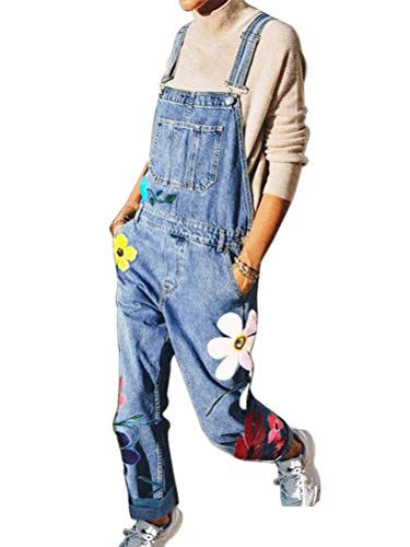 Onsoyours Jeanslatzhose Damen Latzhose Retro Jeanshose Trägerhose Hoseanzug Denim Blumen Overall Gerades Bein Lang Trägerhose Ärmellos Locker mit Taschen C Blau Large von Onsoyours