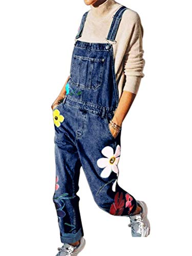 Onsoyours Jeanslatzhose Damen Latzhose Retro Jeanshose Trägerhose Hoseanzug Denim Blumen Overall Gerades Bein Lang Trägerhose Ärmellos Locker mit Taschen C Dunkelblau Large von Onsoyours