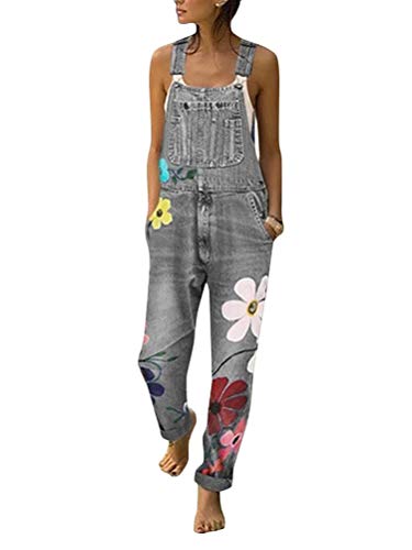 Onsoyours Jeanslatzhose Damen Latzhose Retro Jeanshose Trägerhose Hoseanzug Denim Blumen Overall Gerades Bein Lang Trägerhose Ärmellos Locker mit Taschen C Grau Medium von Onsoyours