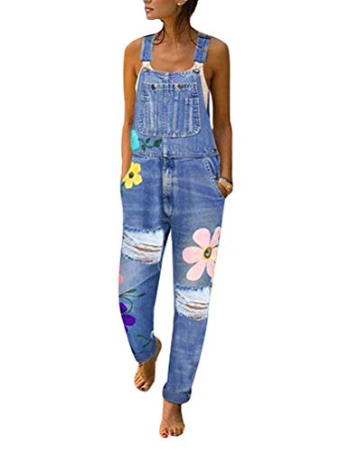 Onsoyours Jeanslatzhose Damen Latzhose Retro Jeanshose Trägerhose Hoseanzug Denim Blumen Overall Gerades Bein Lang Trägerhose Ärmellos Locker mit Taschen D Blau 3X-Large von Onsoyours