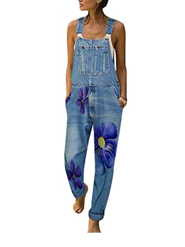 Onsoyours Jeanslatzhose Damen Latzhose Retro Jeanshose Trägerhose Hoseanzug Denim Blumen Overall Gerades Bein Lang Trägerhose Ärmellos Locker mit Taschen E Blau 3X-Large von Onsoyours