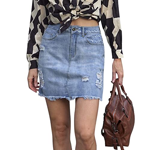 Onsoyours Jeansrock Damen Sommerrock Enger Rock Jeans Minirock mit Tasche Hüftrock A-Linie Rock mit Taschensaum Rock mit Fransen A Hellblau M von Onsoyours